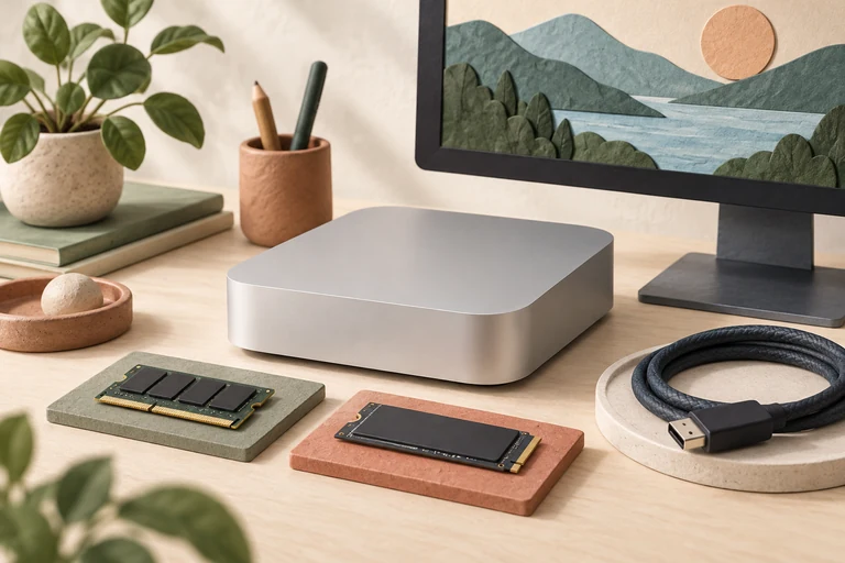 M4 Mac mini 사기 전 꼭 확인할 7가지 주제를 표현한 편집 일러스트