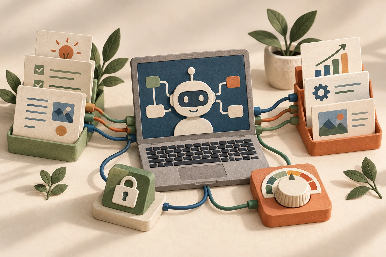 OpenAI API 첫 자동화 전에 정할 입력·출력·비용·보안 주제를 표현한 편집 일러스트