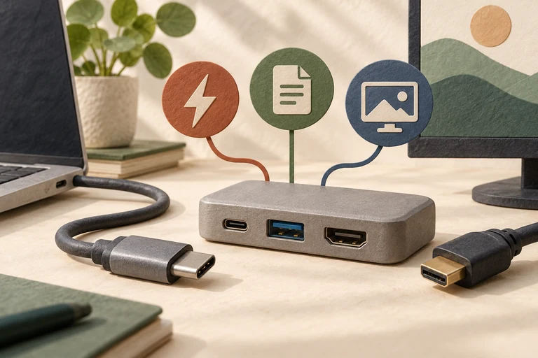 USB-C 케이블·허브를 모양만 보고 사면 안 되는 이유 주제를 표현한 편집 일러스트