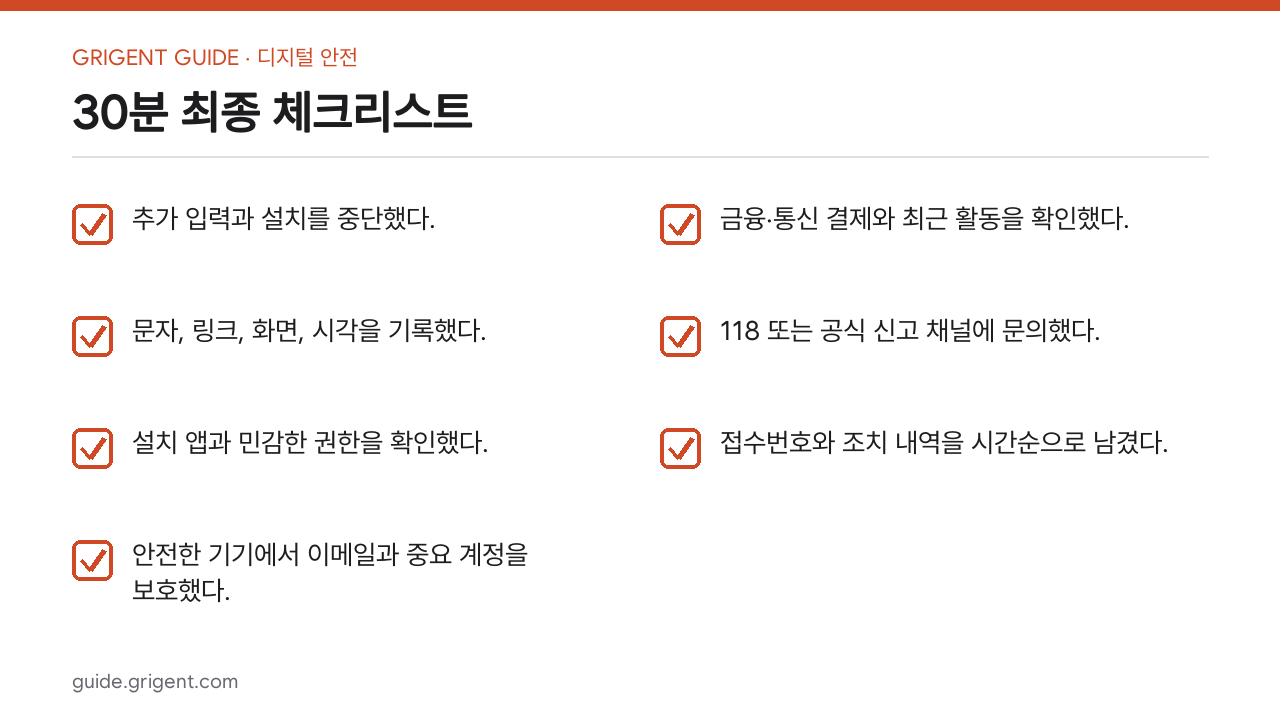 스미싱 의심 링크를 눌렀을 때 30분 대응 순서: 핵심 체크리스트