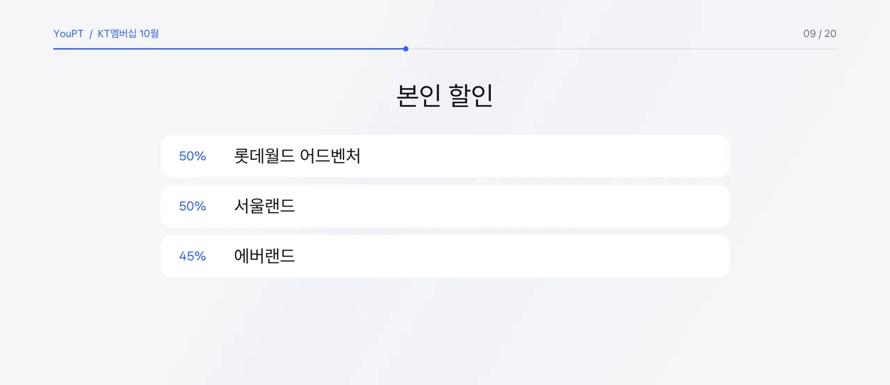 롯데월드 어드벤처·서울랜드 본인 50%, 에버랜드 45% 할인을 정리한 자체 제작 그래픽