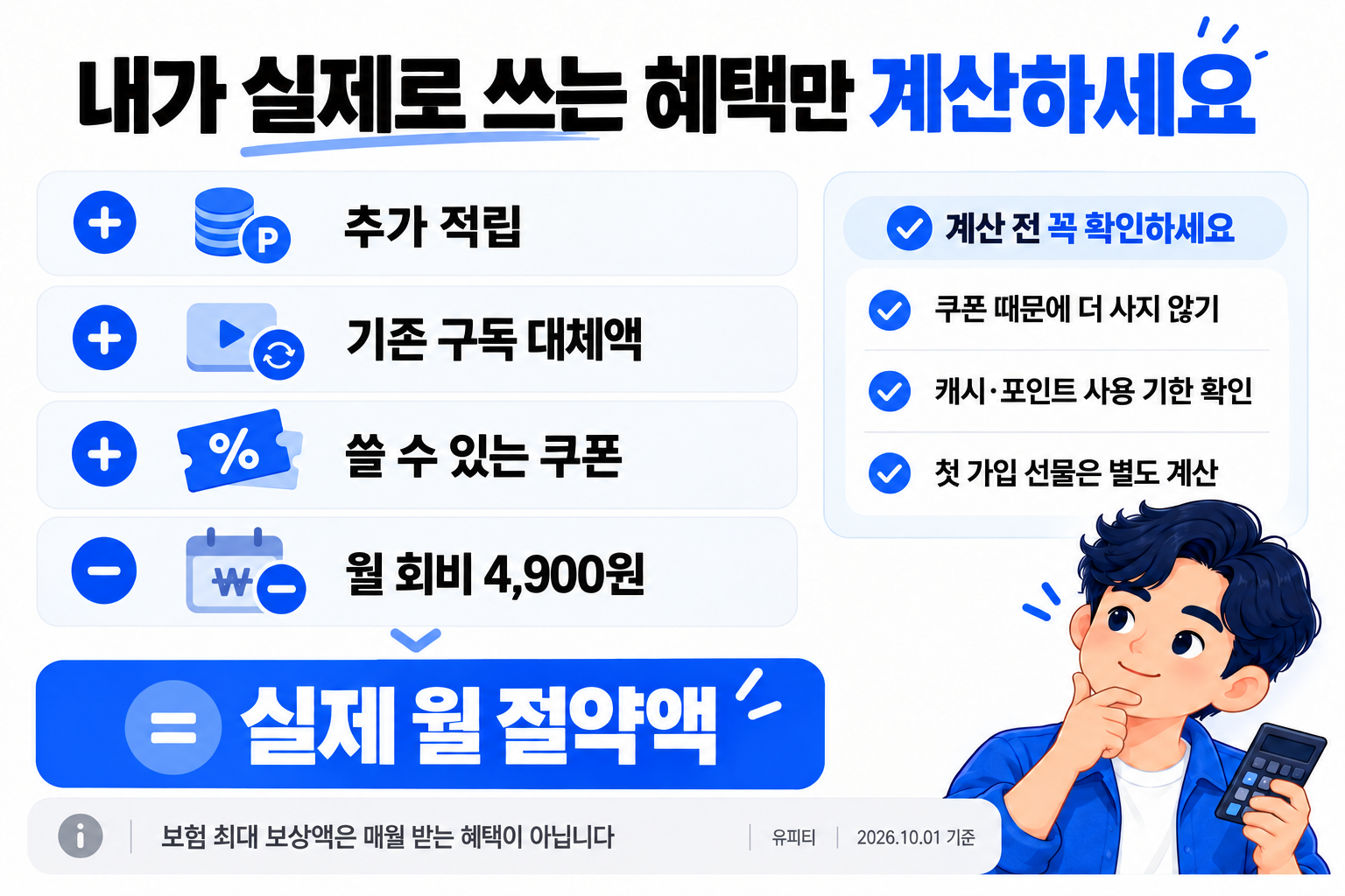 추가 적립과 구독 대체액, 사용할 쿠폰에서 월 회비 4,900원을 빼는 AI 제작 절약액 계산 이미지