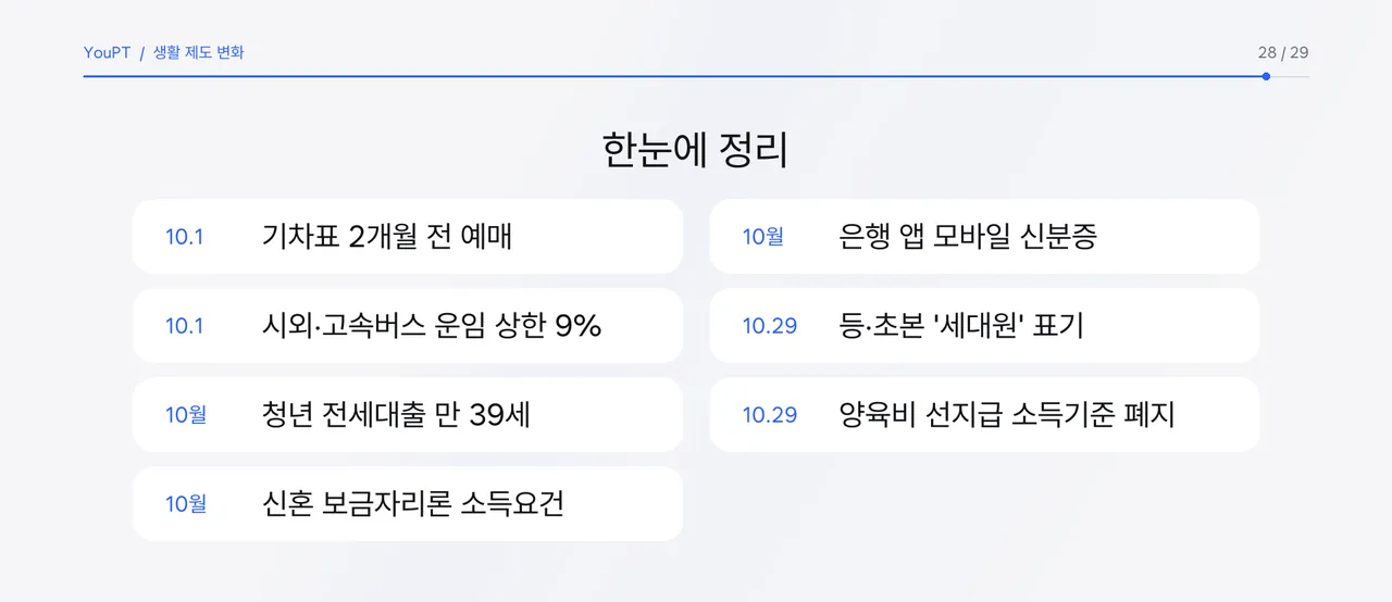 10월 1일, 10월 중, 10월 29일 시행 항목을 날짜별로 정리한 자체 제작 그래픽